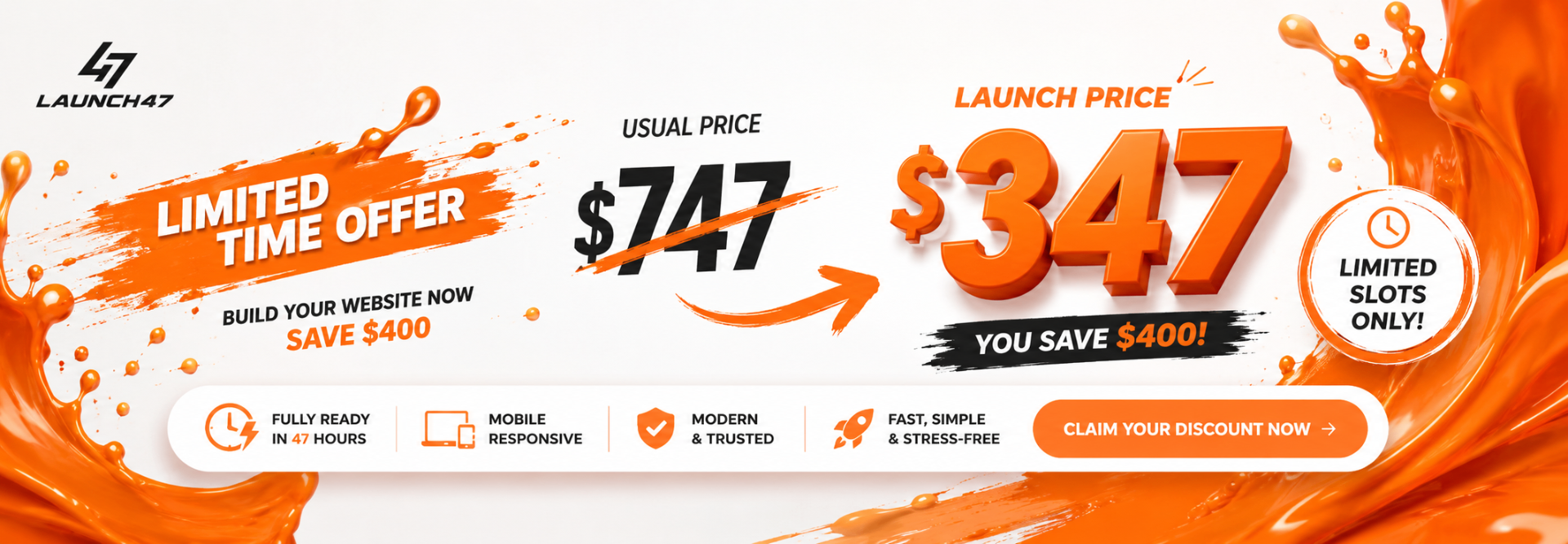 Launch47 Limited Time Offer — Launch Price $347, save $400. Build your website now. Fully ready in 47 hours, mobile responsive, modern and trusted, fast simple and stress-free.
